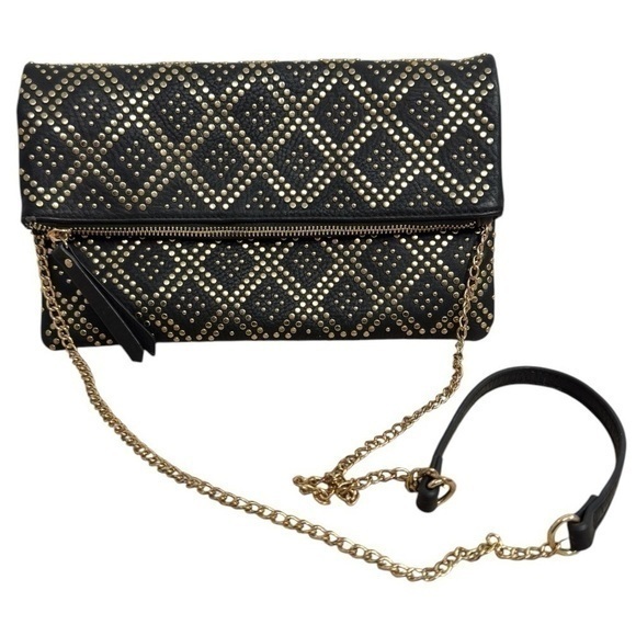 Madison West Handbags - Madison West Stud Accent Fold-Over Clutch Crossbody Black with Gold Hardware